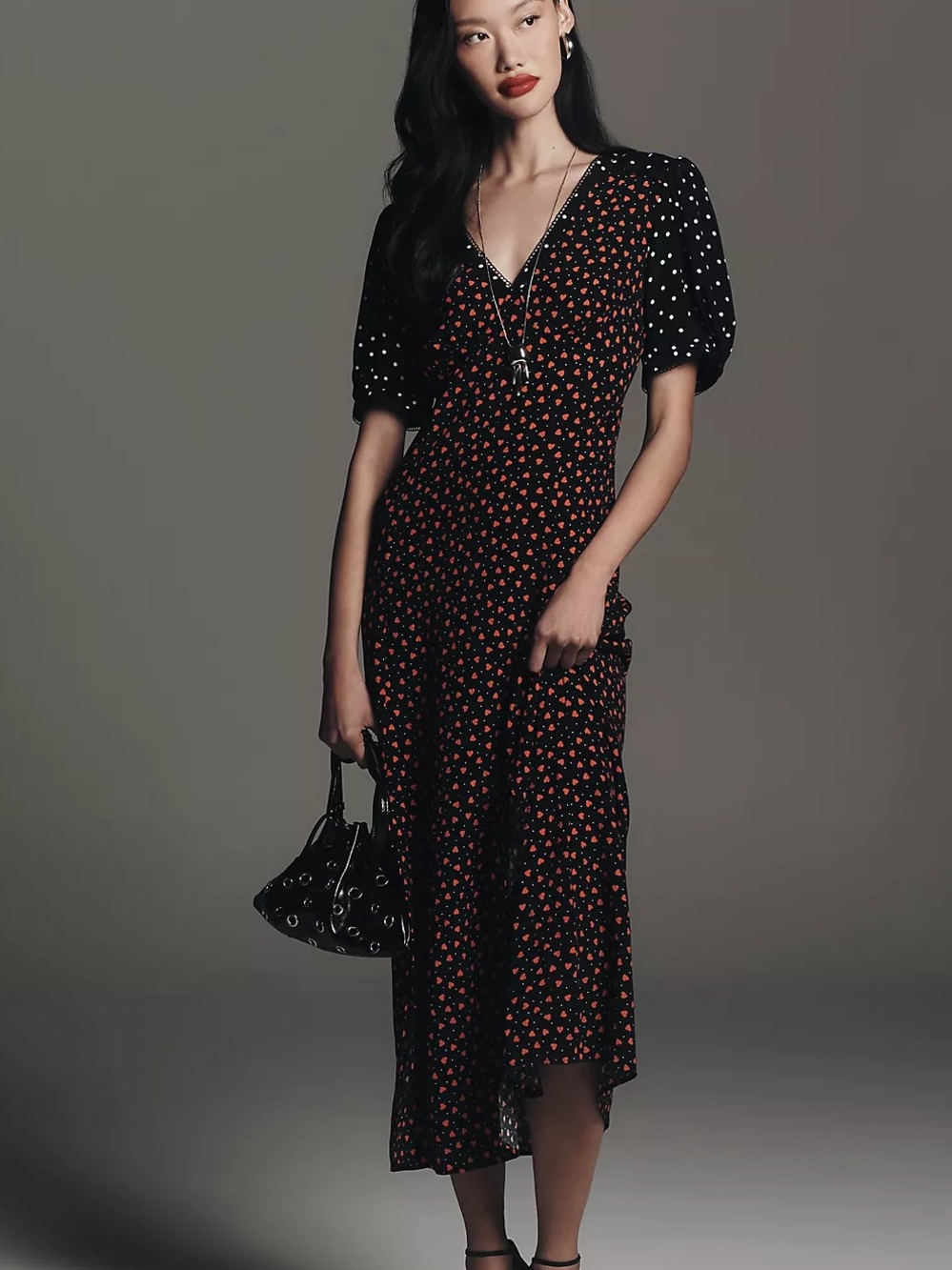Anthropologie Maeve V-Neck A-Line Maxi Dress Black Polka Dot Hearts Puff Sleeves - Picture 6 of 8